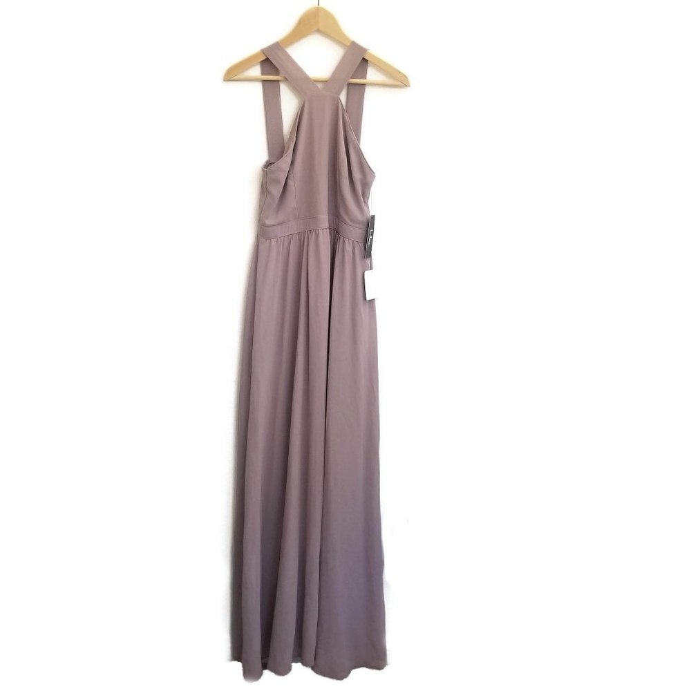 LULU'S Air of Romance Taupe Maxi Dress Gown Halter Neck Flowy Prom Wedding Med - Picture 2 of 9